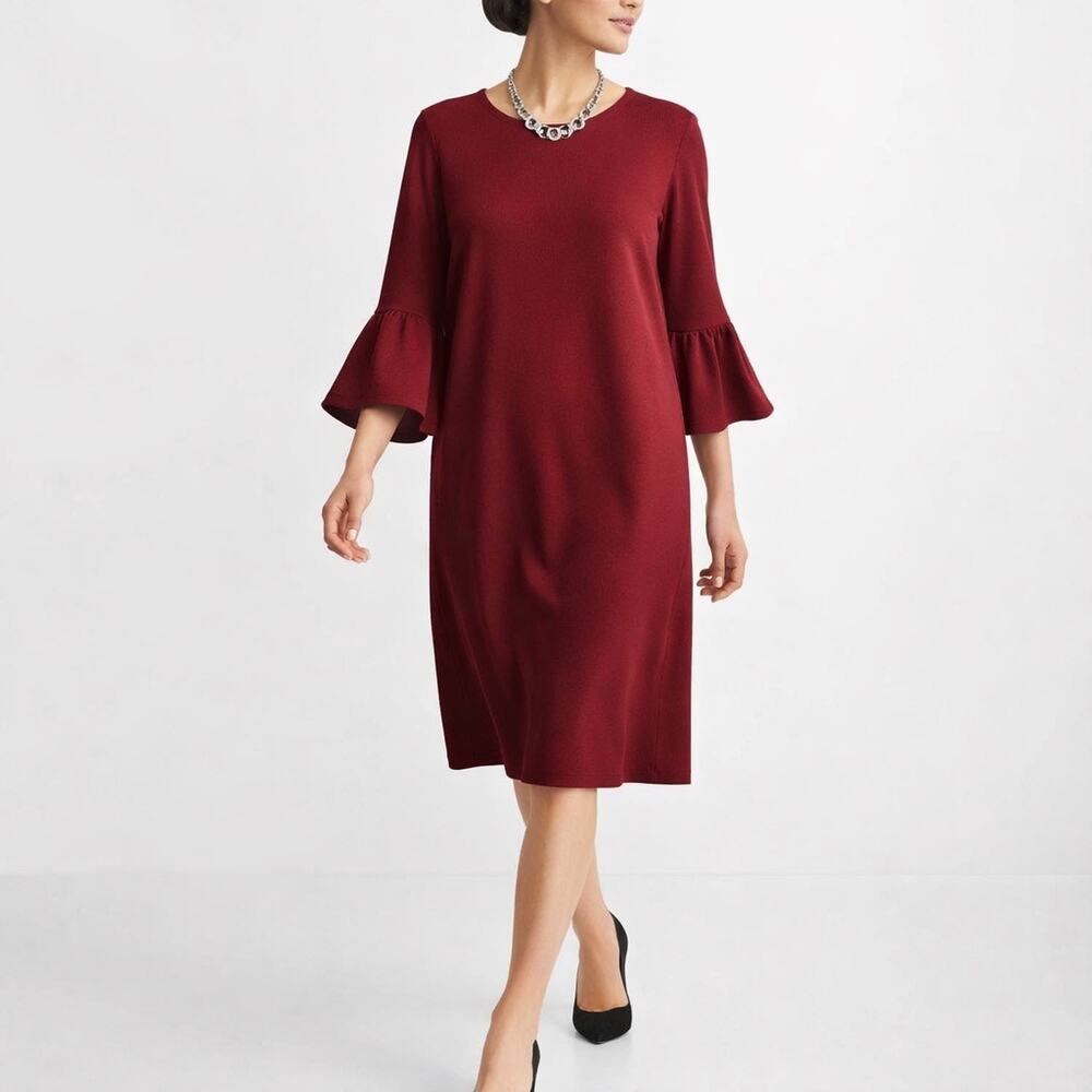 J. Jill Ponte Knit Dress Bell Medium Burgundy Ruffle Sleeve Work Minimalist